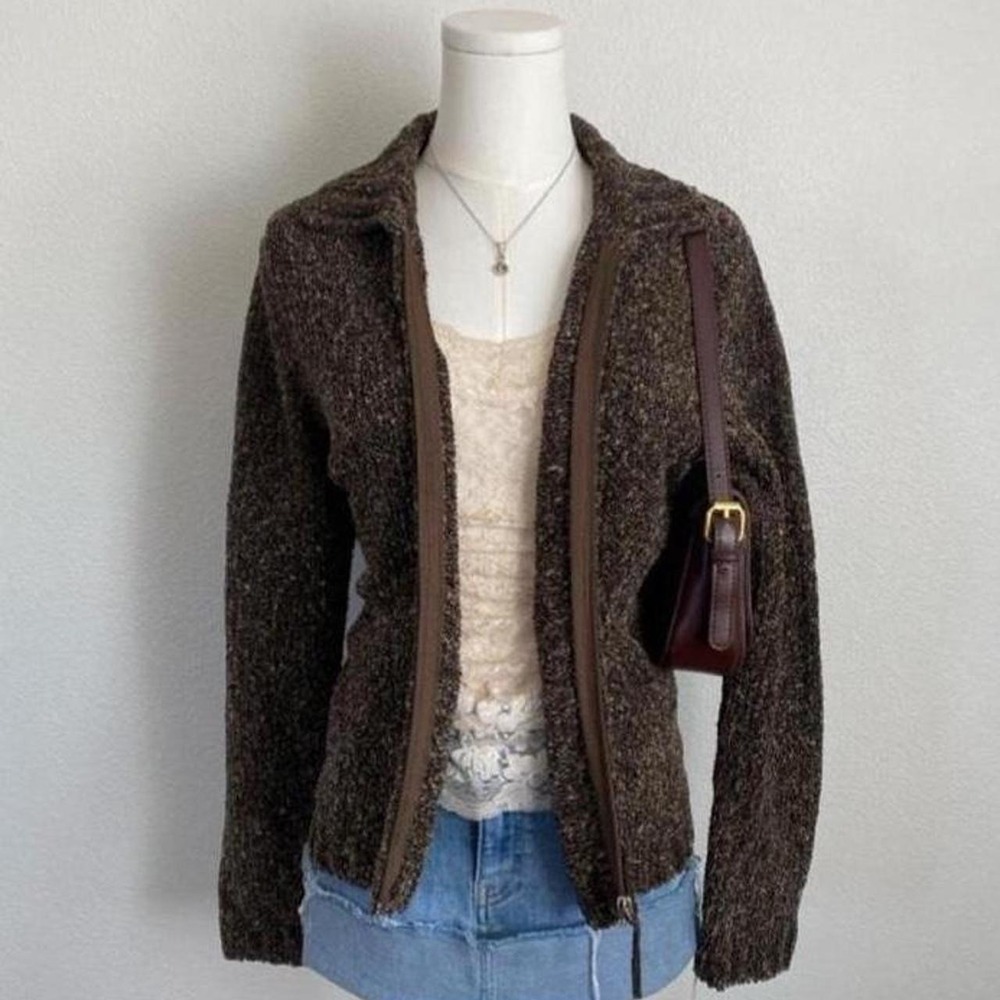 Vintage Style & Co Marled Knit Zip Up Cardigan Jacket Brown Collared
